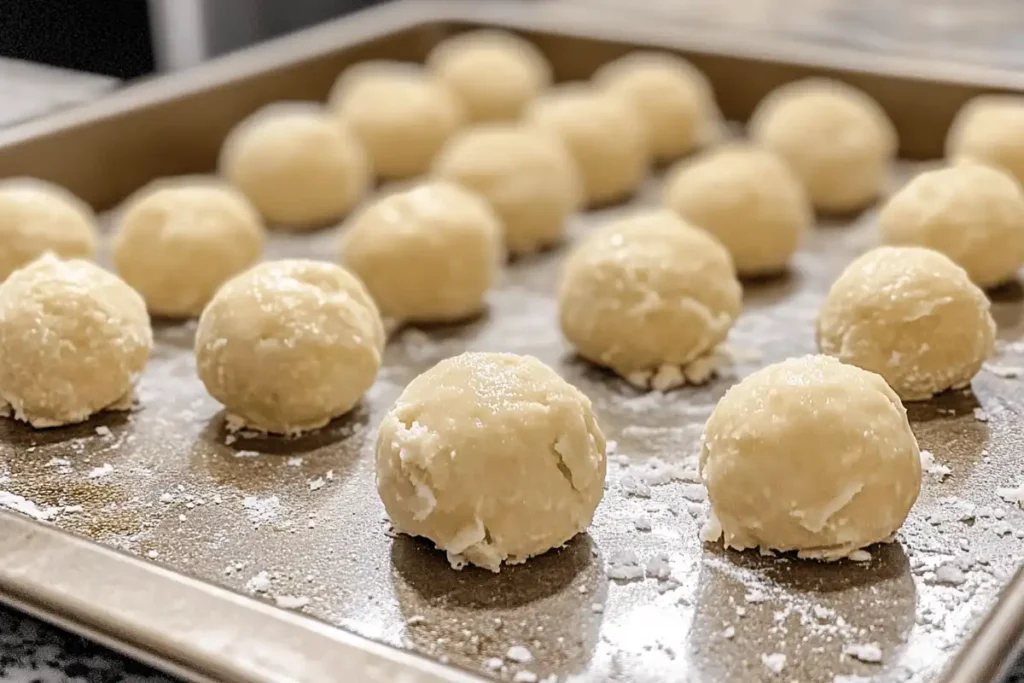 Chilled cookie dough balls on a baking sheet, highlighting the importance of chilling for the secret ingredient’s success.
