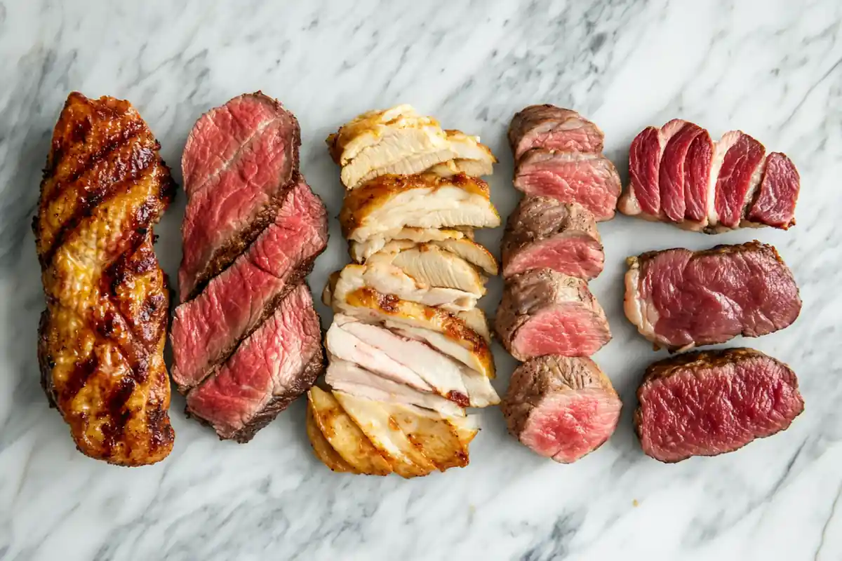 Top-down view of various Chipotle meats, sliced and displayed on a marble background.