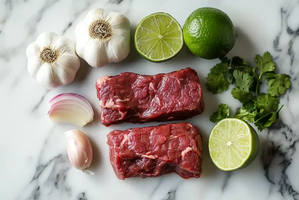 A close-up view of key ingredients for Chipotle steak marinade, placed on a marble surface.