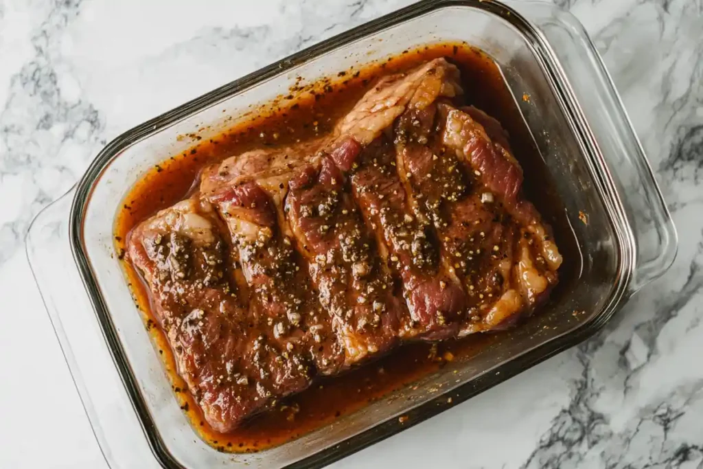 A close-up view of steak marinating in a chipotle marinade, set on a marble surface.