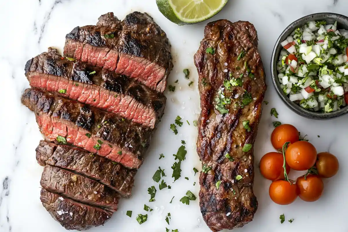 A top-down comparison of Chipotle steak and carne asada on a marble background.