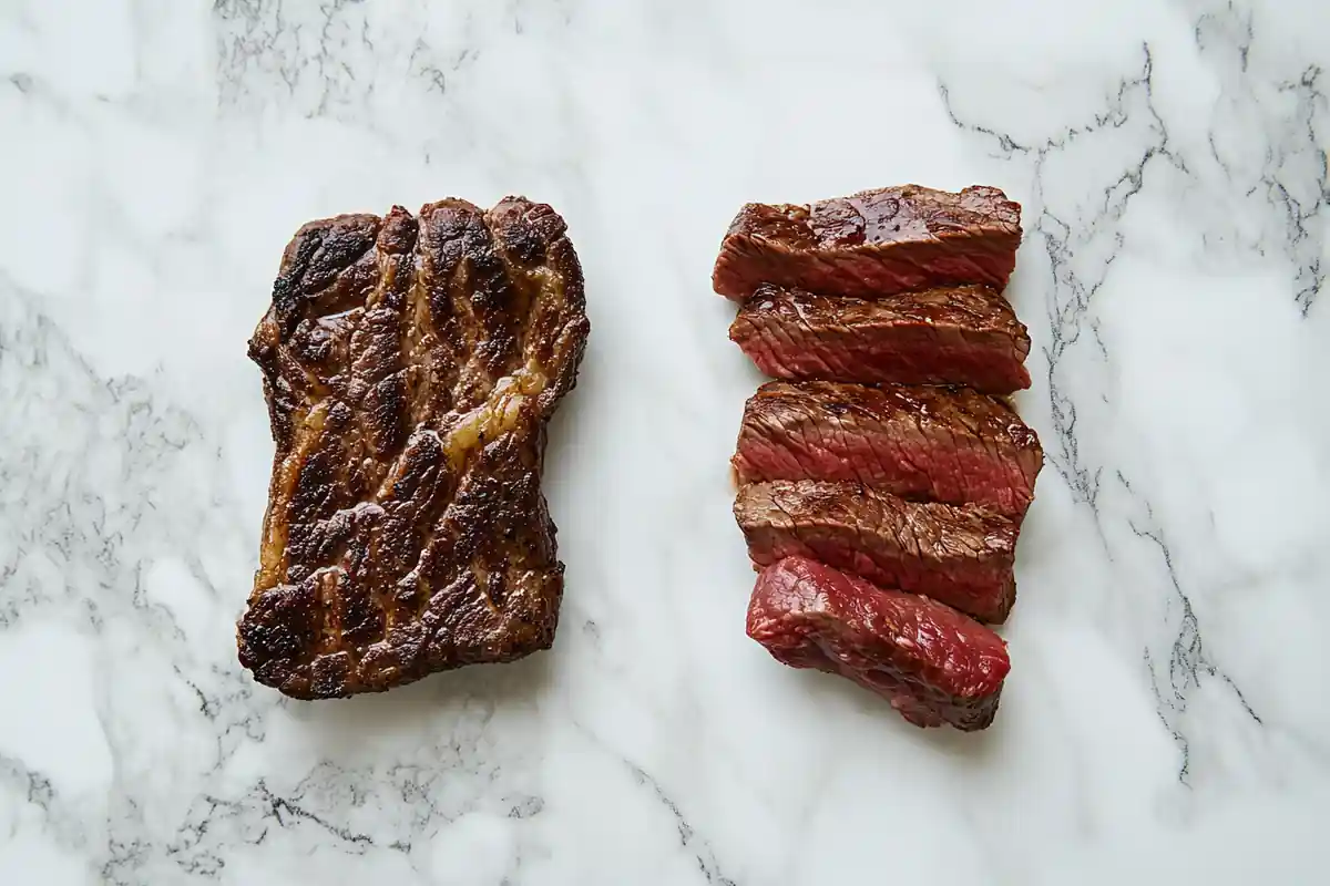 Top-down view of Chipotle's original steak and carne asada on a marble surface.