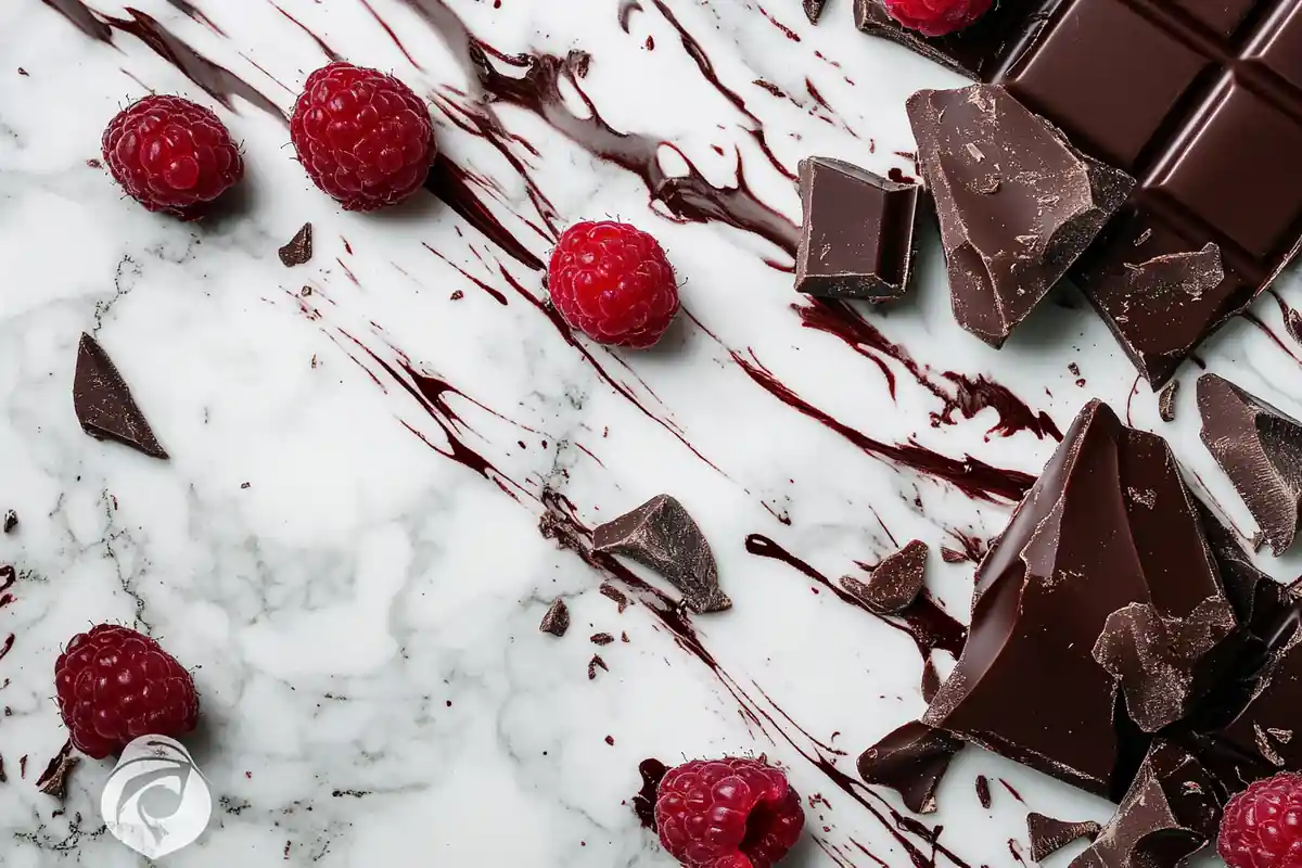 A delicious mix of chocolate pieces and fresh raspberries on a marble surface.