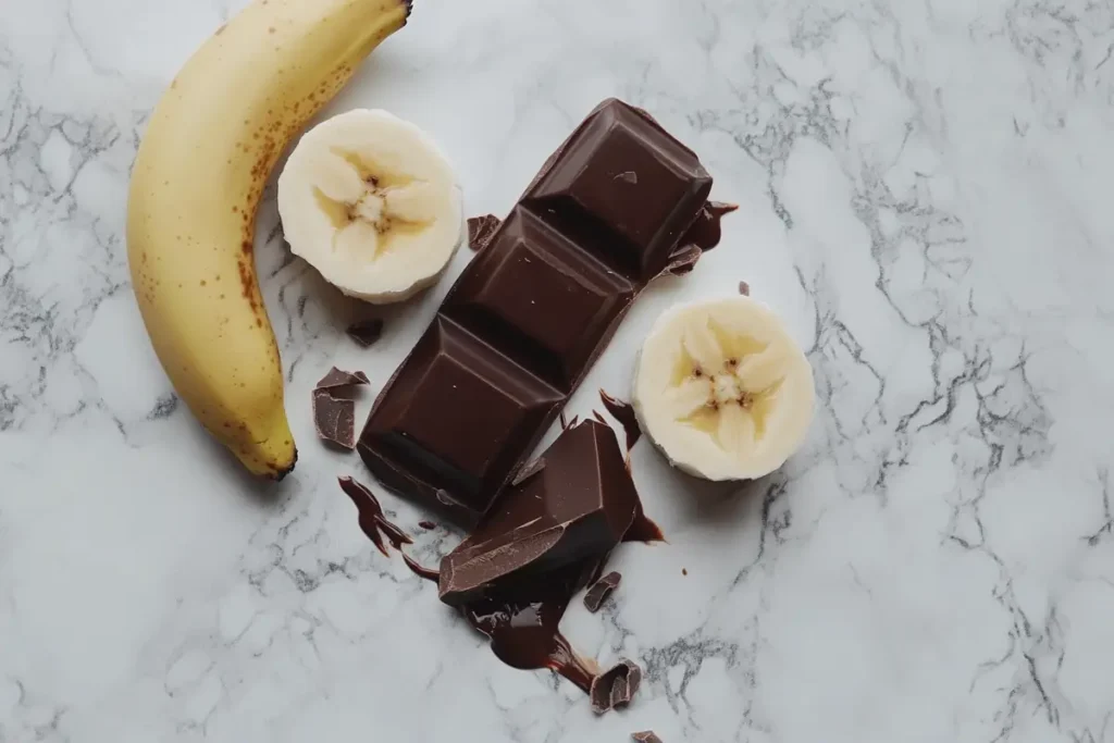 A top-down view of chocolate pieces and slices of banana arranged on a marble surface.