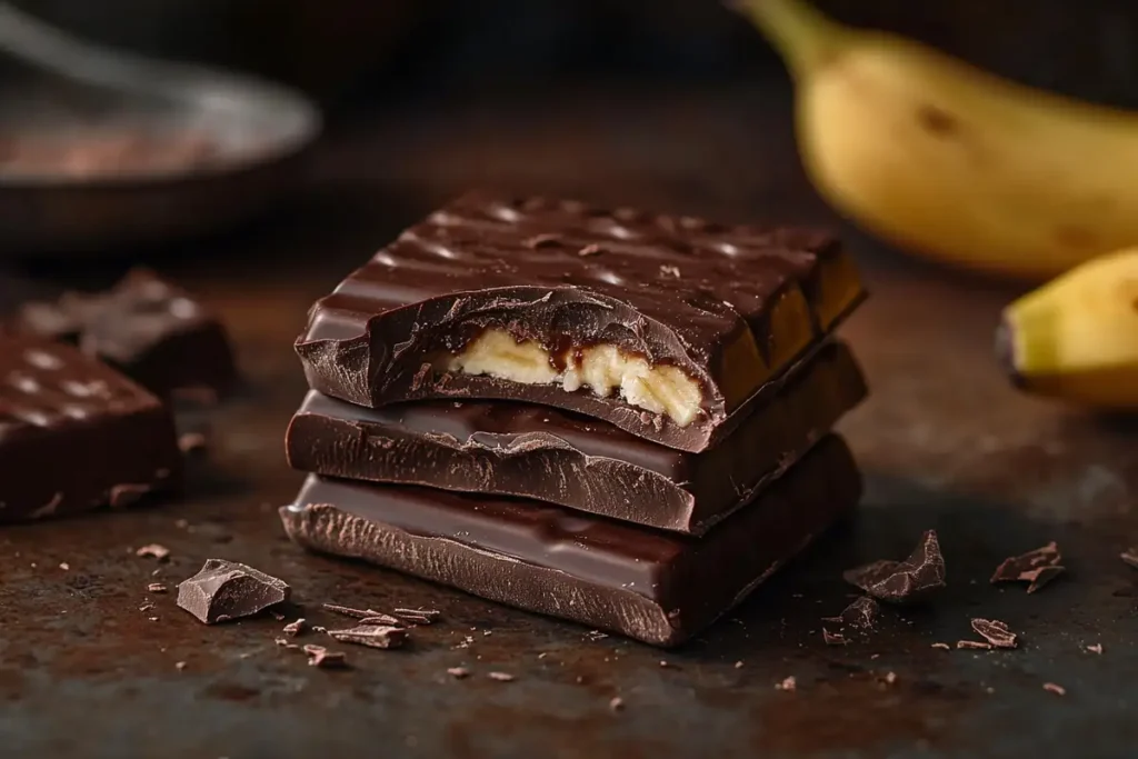 Close-up of a chocolate bar being broken with a banana beside it, showing their textures.