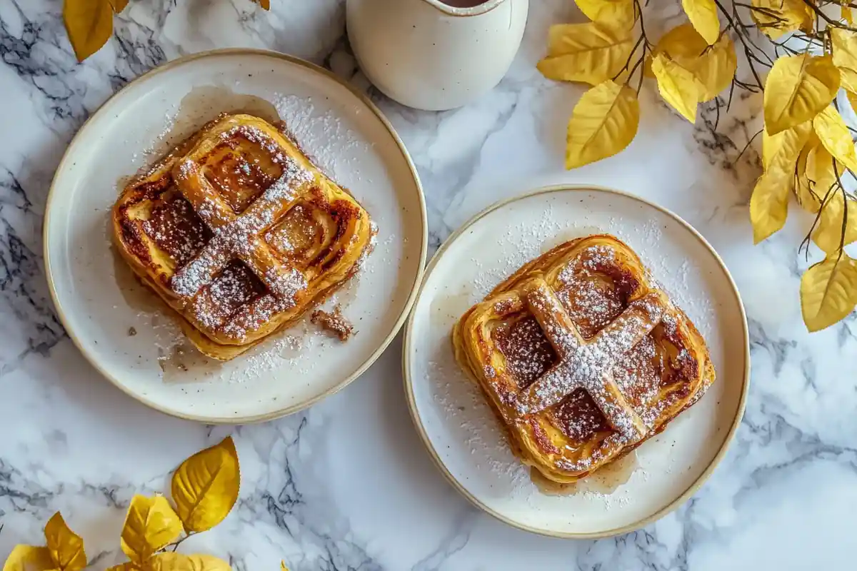 A delicious stack of cinnamon roll french toast on a marble surface.