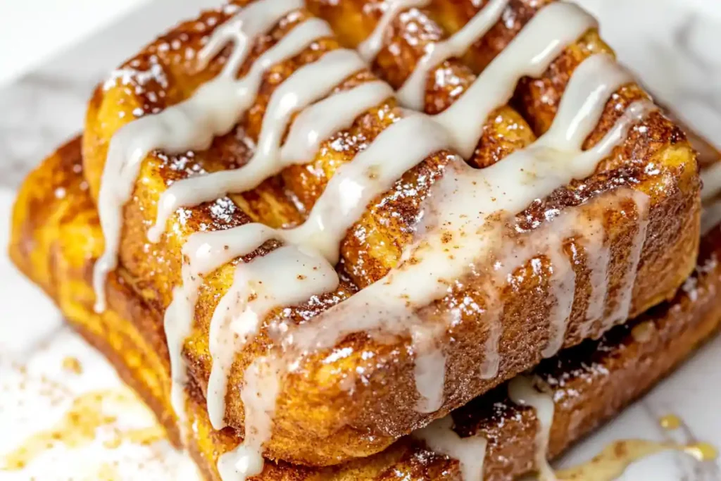 A finished cinnamon roll french toast with a drizzle of icing on a marble surface.