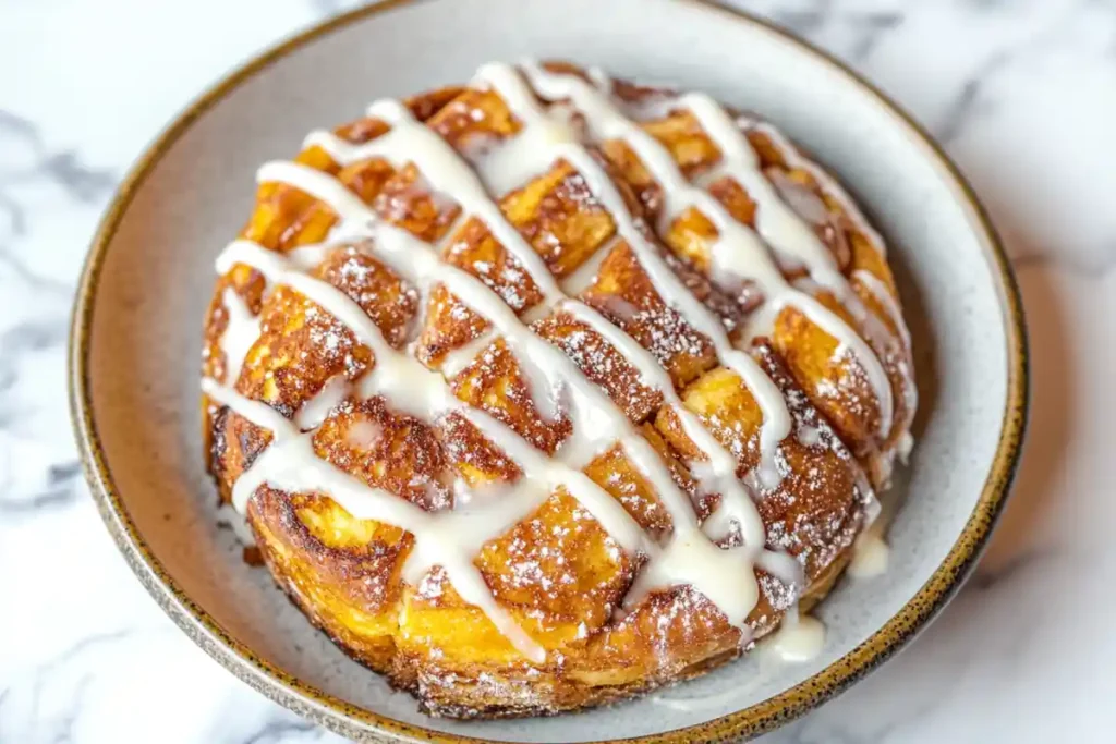 A finished cinnamon roll french toast with a drizzle of icing on a marble surface.