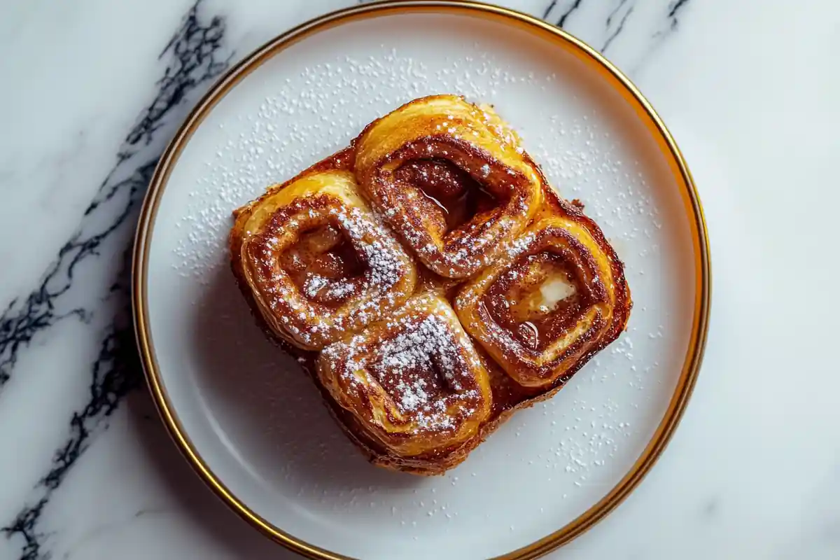 A delicious stack of cinnamon roll french toast on a marble surface.