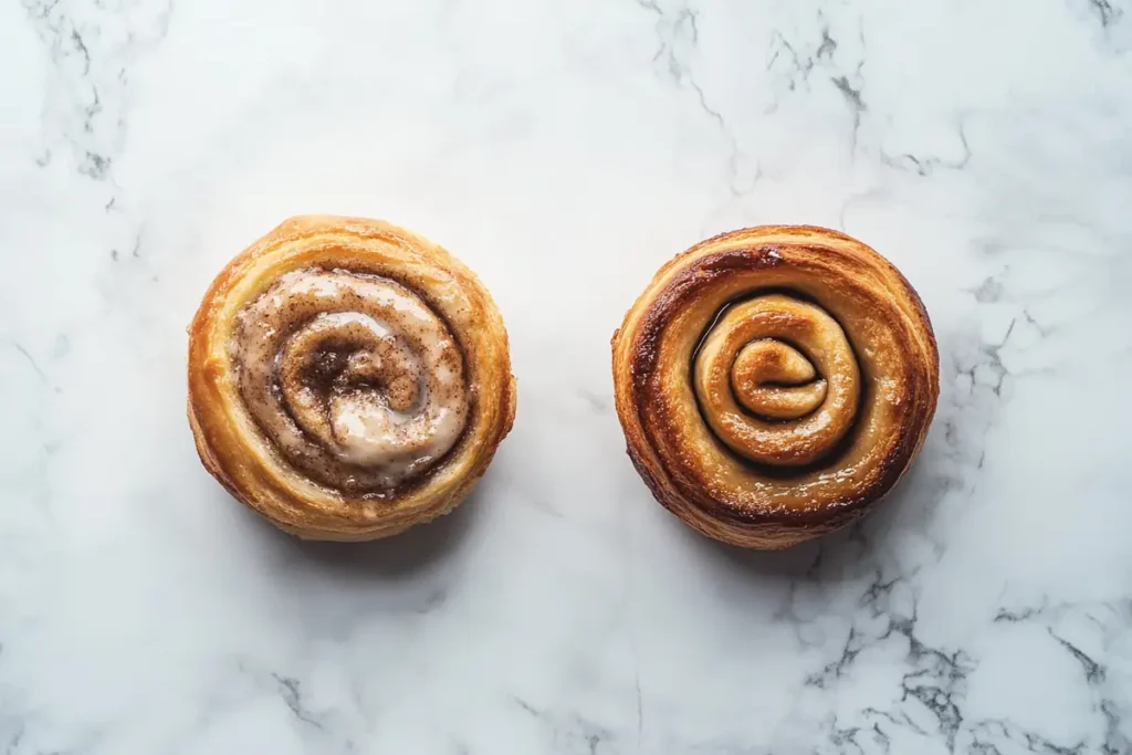 A cinnamon bun and a cinnamon roll side-by-side on a marble surface.