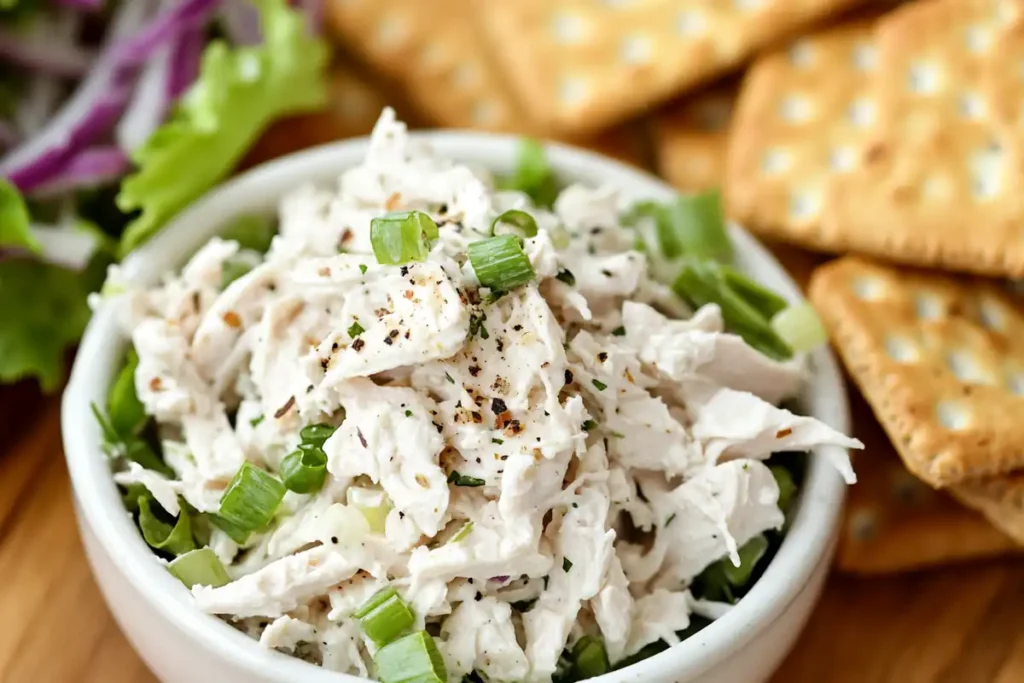 Chicken Salad Chick's Classic Carol with mayonnaise, chicken and crackers, showcasing the base of their chicken salad.