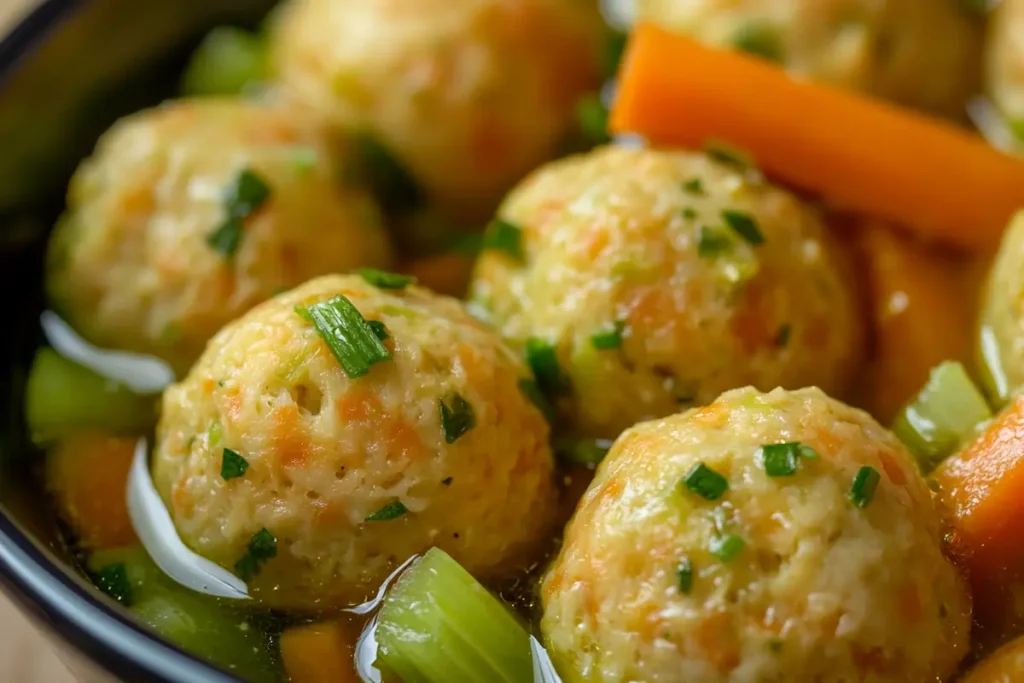 A close-up view of matzo balls in broth, showing carrots and celery.