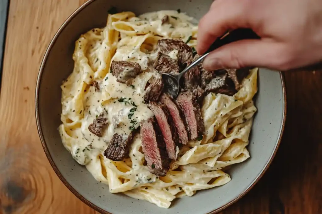 Sliced steak being added to pasta with a creamy sauce.