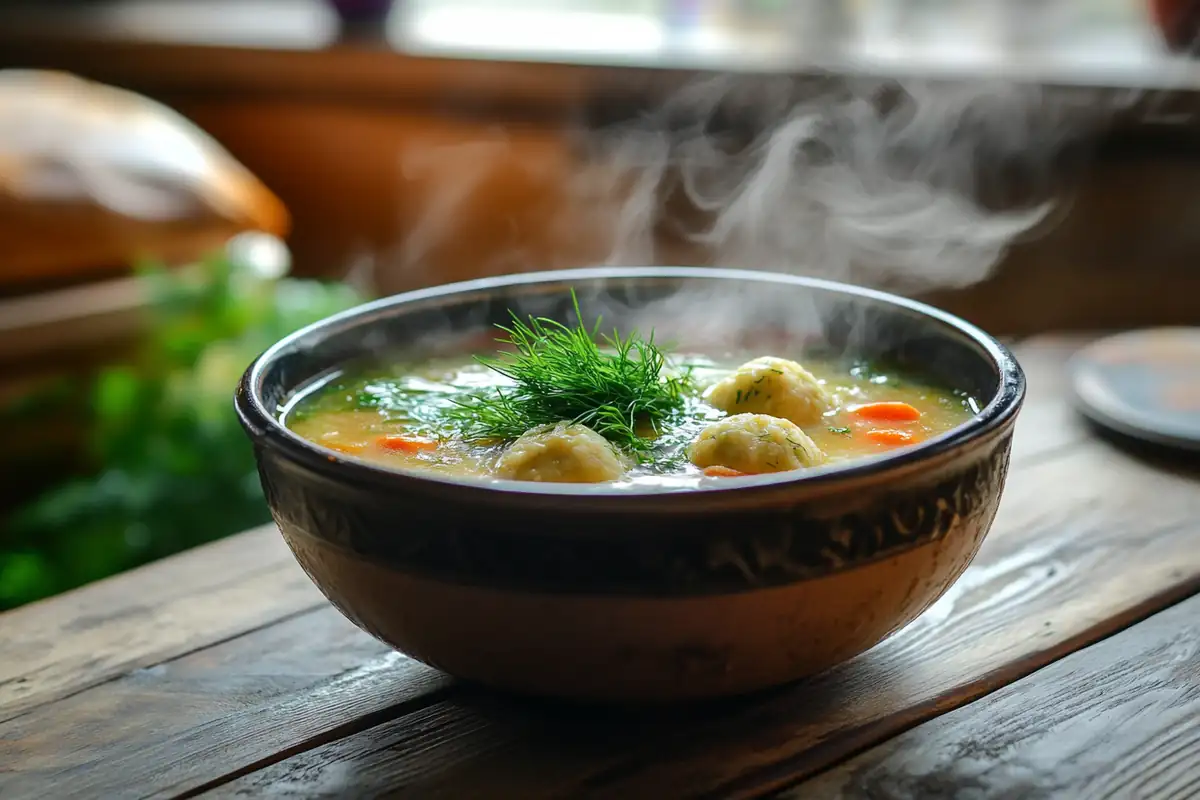 A warm bowl of matzo ball soup with fresh dill, highlighting its comforting qualities.