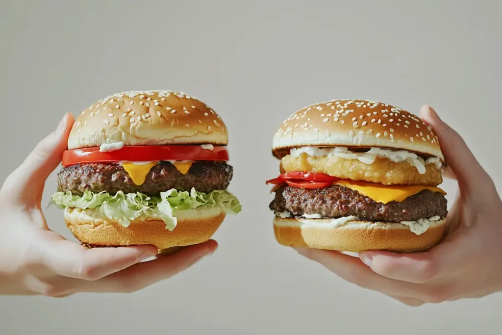 A person holding a smash burger and a Five Guys burger side-by-side.