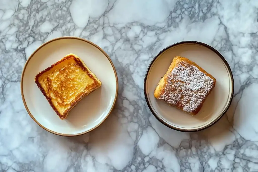 Sourdough french toast and brioche french toast side-by-side on a marble surface.