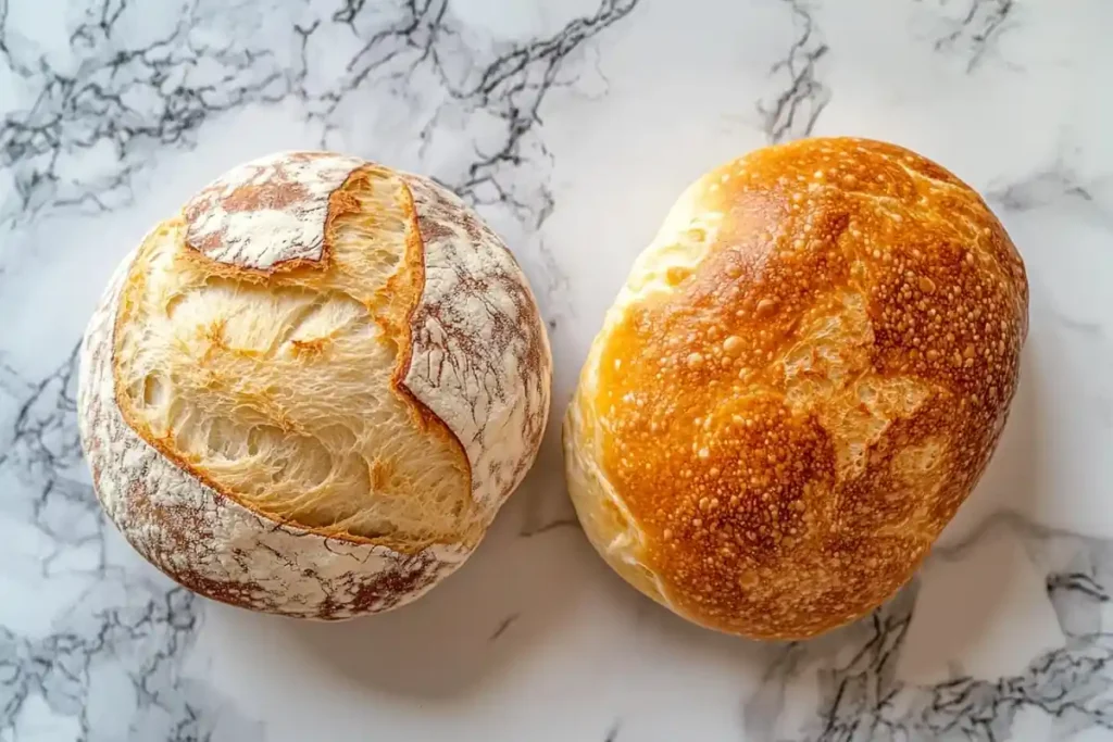 Close-up view of sourdough bread and brioche bread on a marble surface.