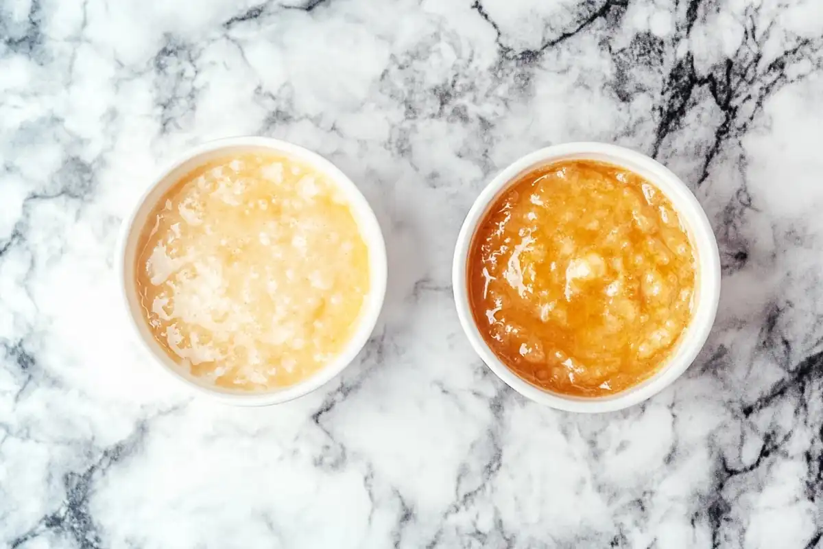 Waffle batter and pancake batter side-by-side on a marble surface.