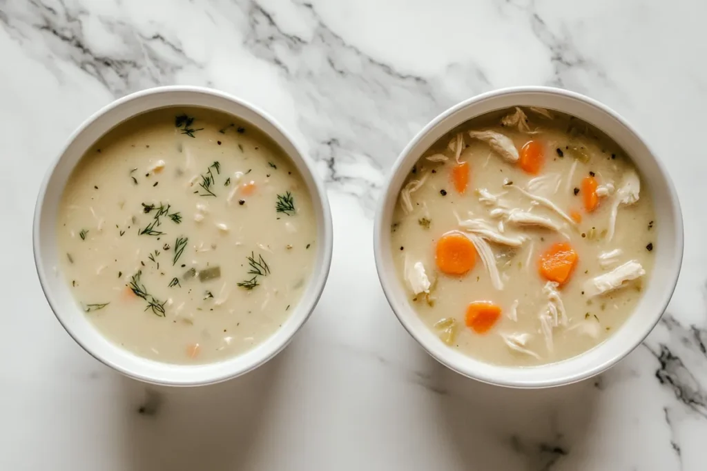 A top-down view of condensed and regular cream of chicken soup, placed on a marble surface.