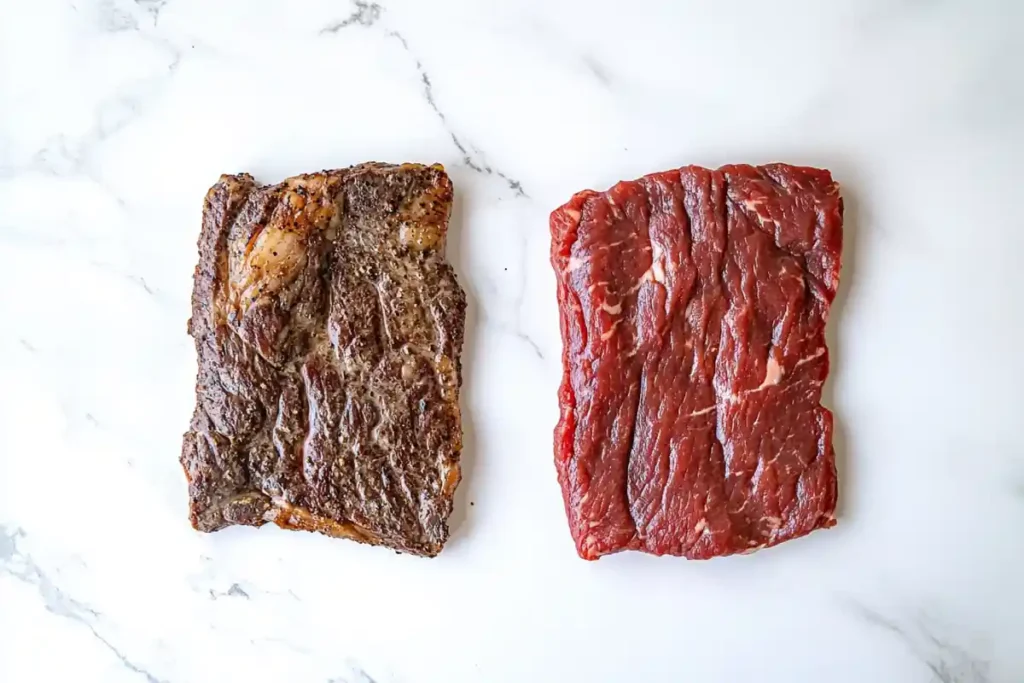 Side-by-side close-up of the cooking of Chipotle steak and carne asada on a marble surface.