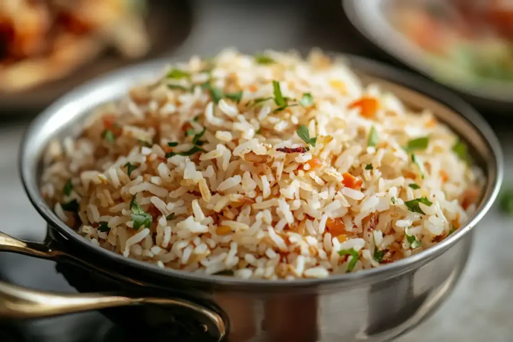 Rice cooking separately in a saucepan, highlighting perfectly cooked rice.