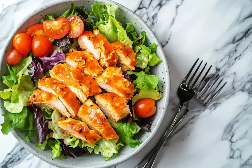 A delicious and spicy buffalo chicken salad on a marble surface.