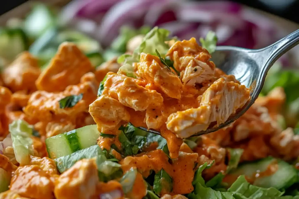 Close up of buffalo chicken salad being scooped with a spoon, showing its creamy texture.