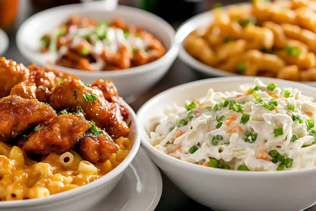 A close-up of creamy sides that compliment buffalo chicken, including mac and cheese, coleslaw, and ranch dressing.