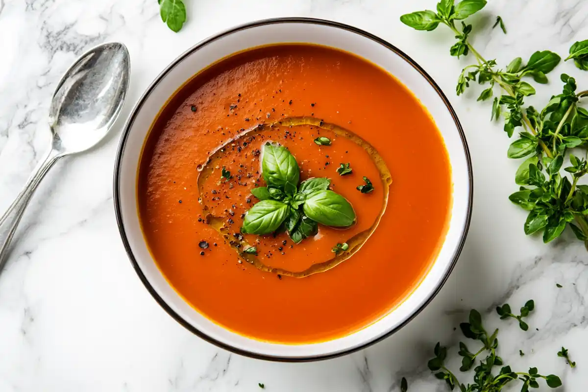 Top-down view of a bowl of creamy soup on a marble background, displaying a perfect creamy soup texture.