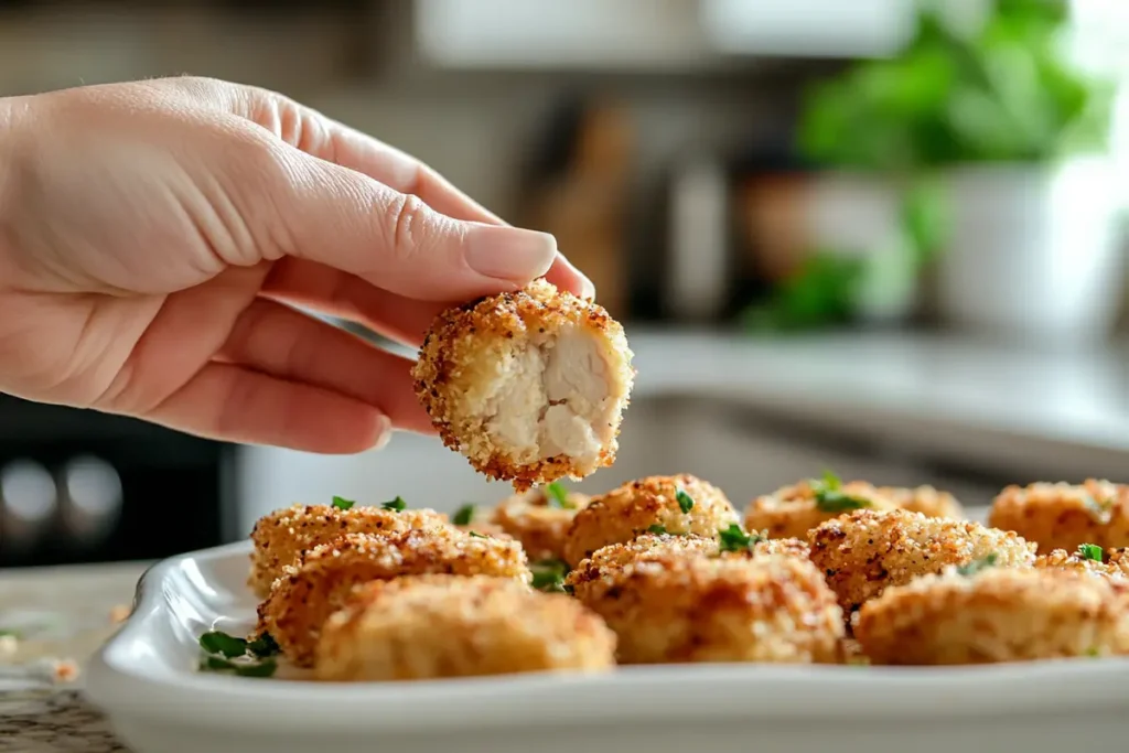 Person picking up a keto chicken nugget, showcasing its crispy coating.