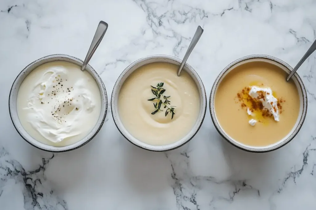 A close-up of dairy options being added to soup, with a marble background, highlighting how to make soup more creamy.