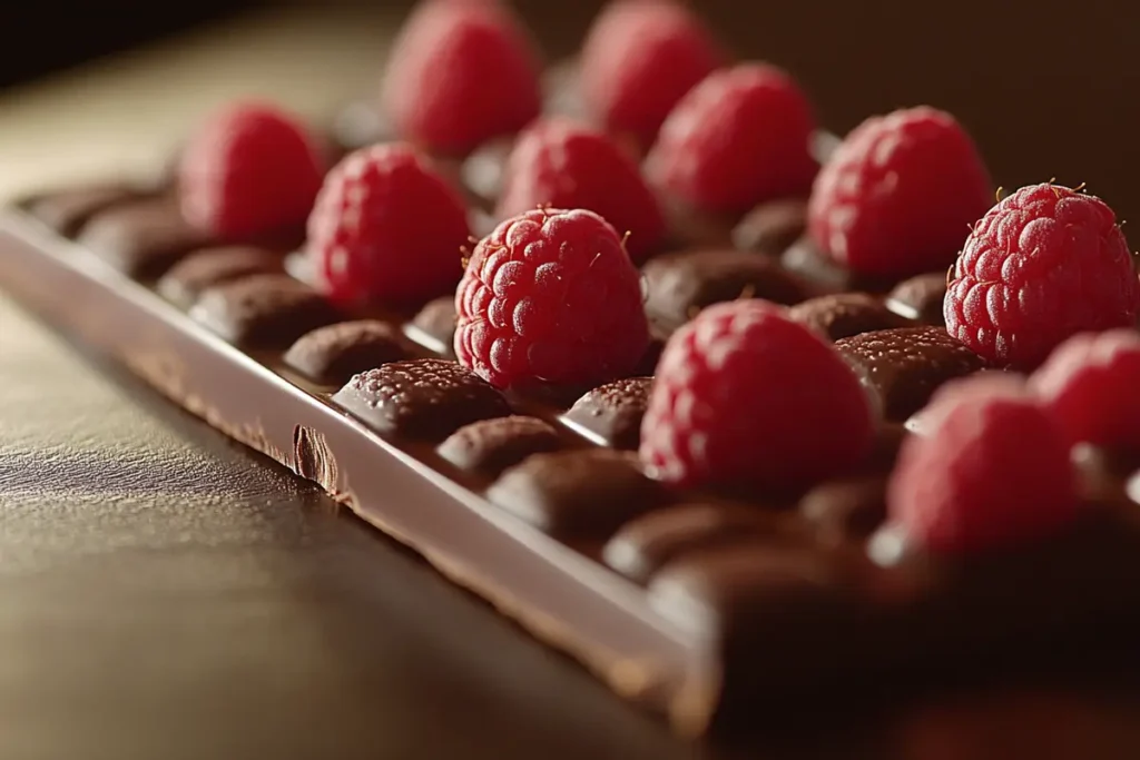 A close-up of a dark chocolate bar adorned with fresh raspberries, showcasing their contrasting textures and colors.