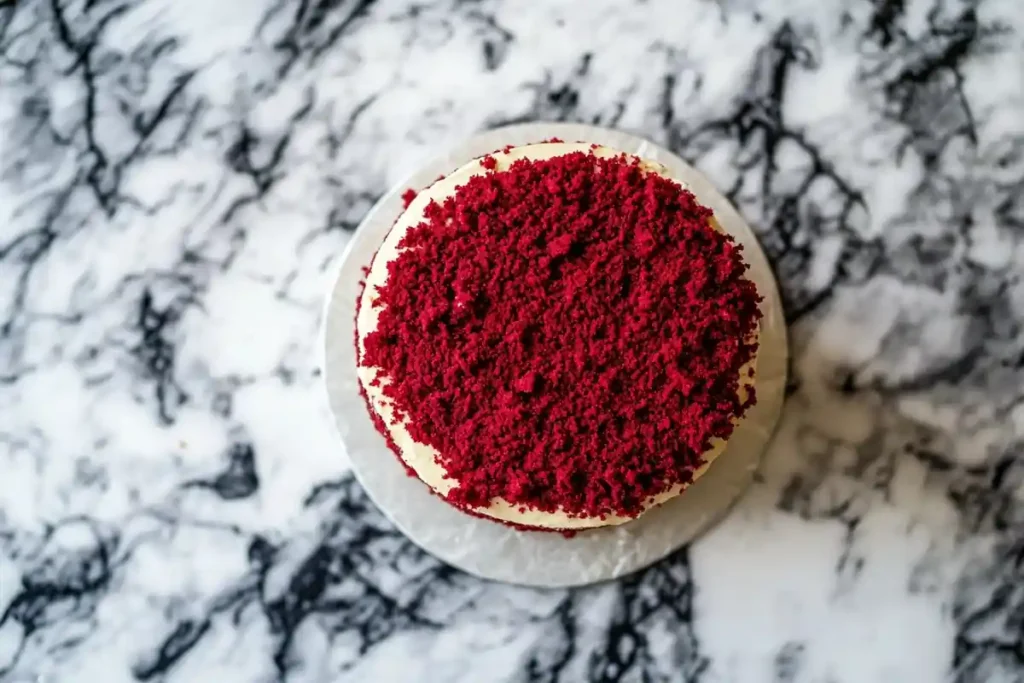 A delicious red velvet cake on a sleek marble surface.