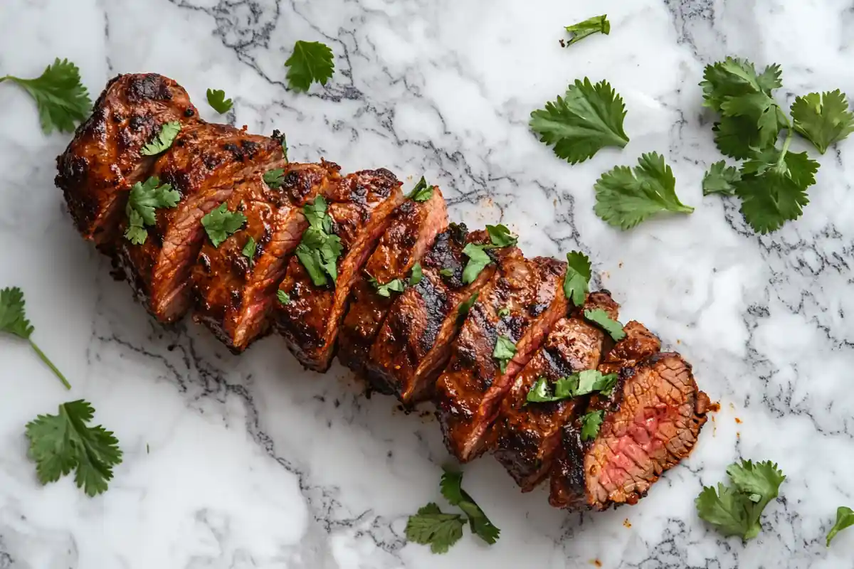 Top-down view of a sliced and garnished chipotle steak on a marble background.