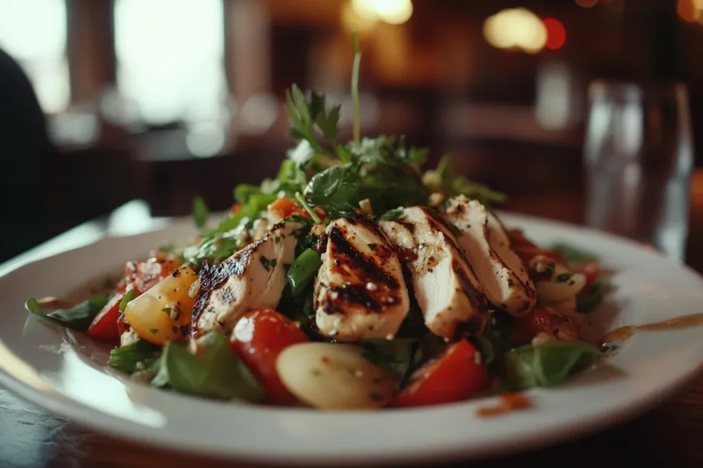 A low-carb grilled chicken salad, a great alternative to nuggets on a keto diet.