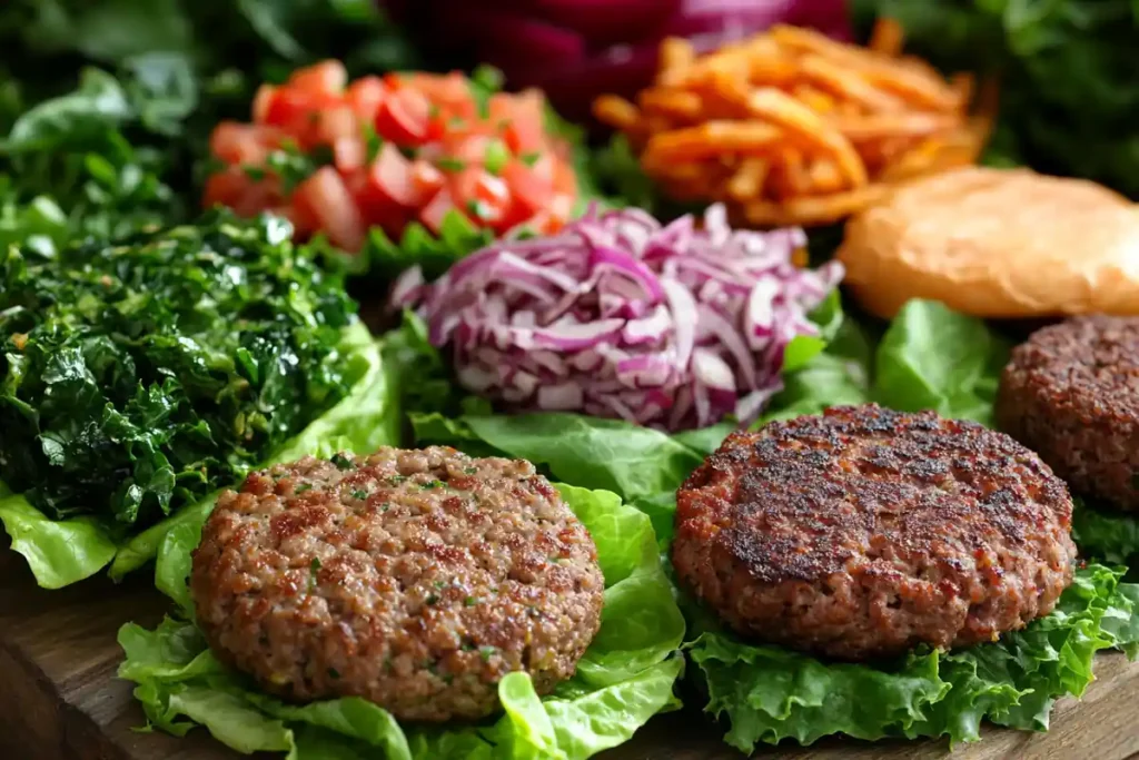 A close-up view of different types of burger patties for lettuce wraps.