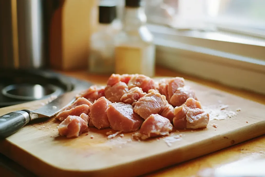 A close-up image of various raw chicken cuts on a wooden board. This illustrates the versatility of chicken for a keto diet.