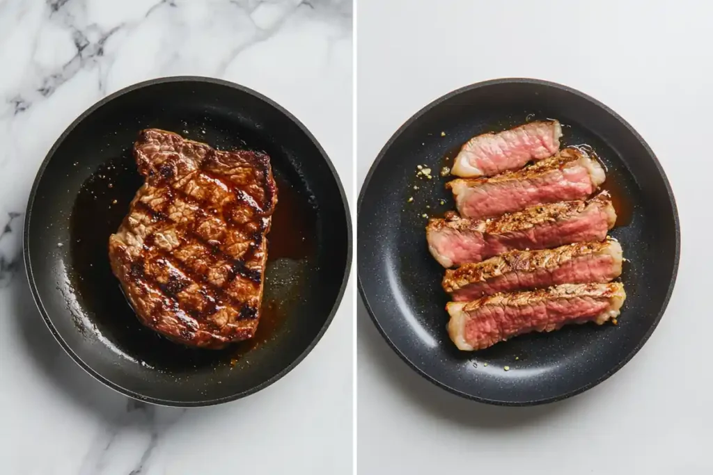 A side-by-side image of grilling Chipotle steak and pan-searing carne asada, on a marble background.