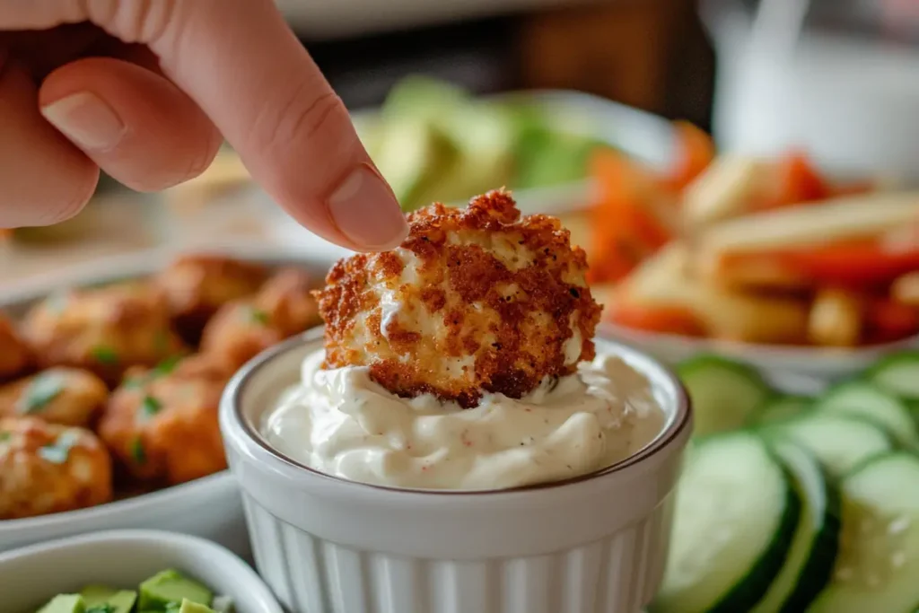  A hand dips a keto chicken nugget into a mayonnaise sauce.