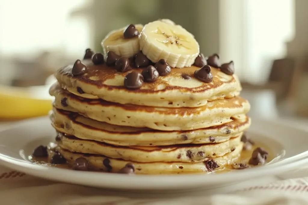 A person enjoys a stack of fluffy banana chocolate chip pancakes in a cozy setting.