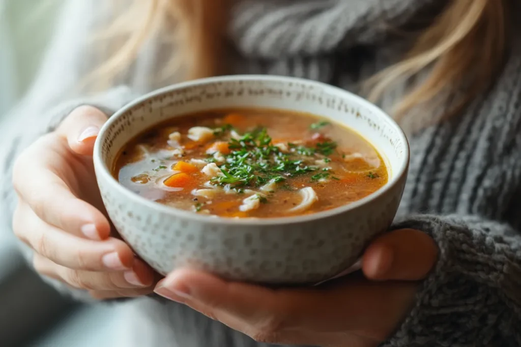 A person enjoying a bowl of bone broth in a comfortable setting.