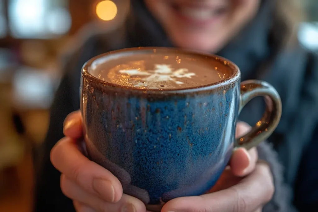 A person enjoys a mug of bone broth hot chocolate in a cozy setting.