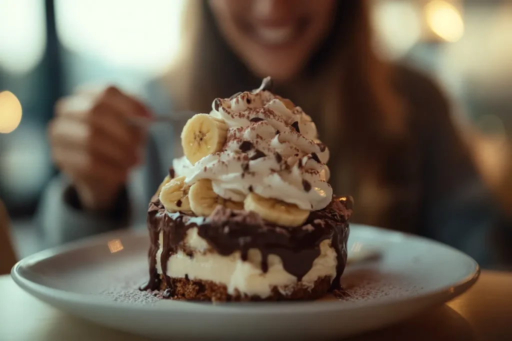 A person enjoys a chocolate and banana dessert, smiling in a cozy setting.