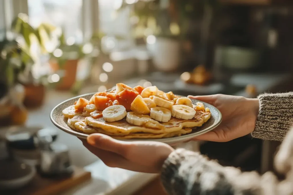 A person holding a plate of Kylie Jenner's banana pancakes with various toppings.