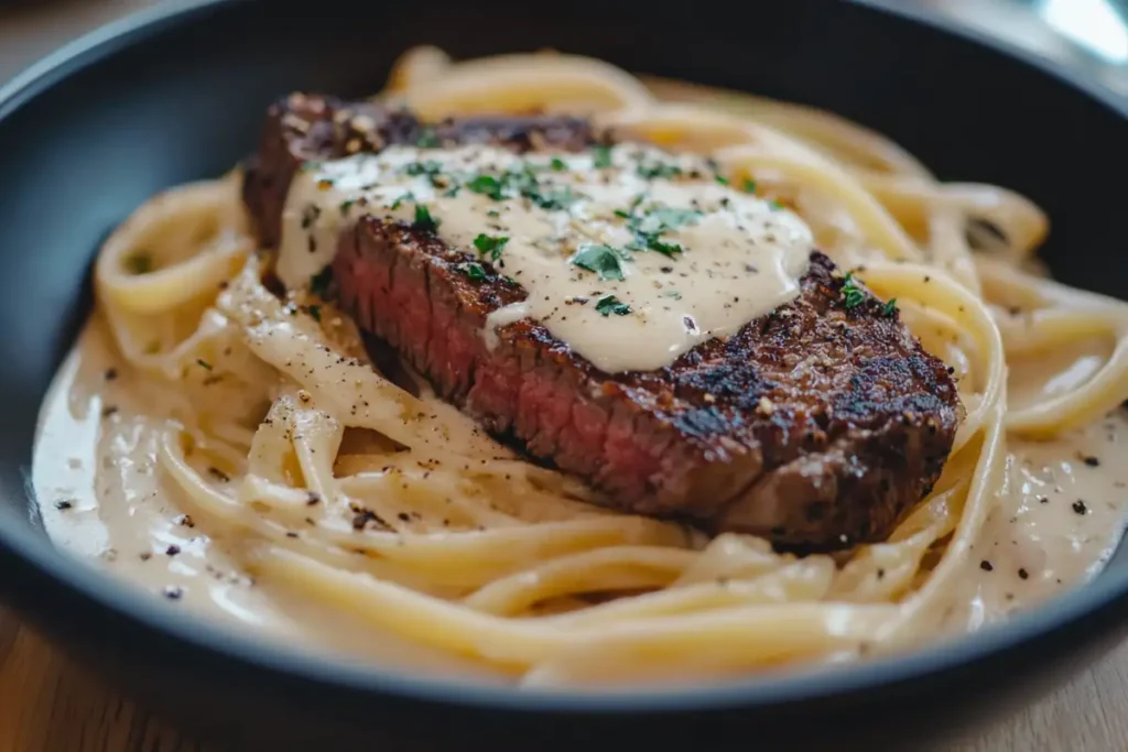 Close-up of finished steak and pasta in a bowl.