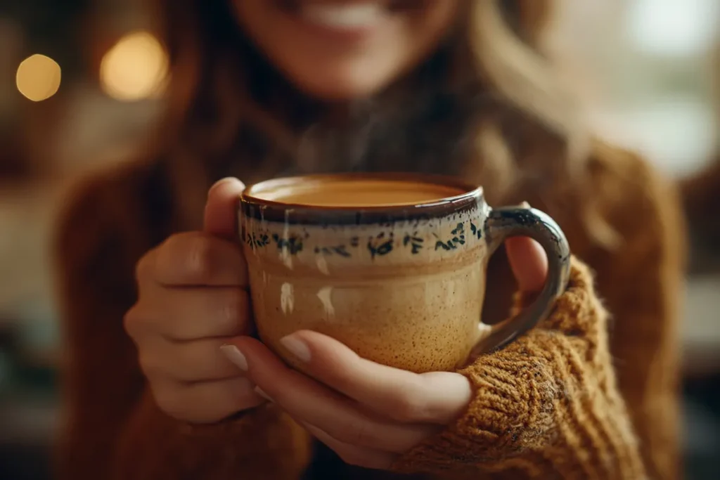  A person enjoying a mug of warm bone broth in a cozy setting.