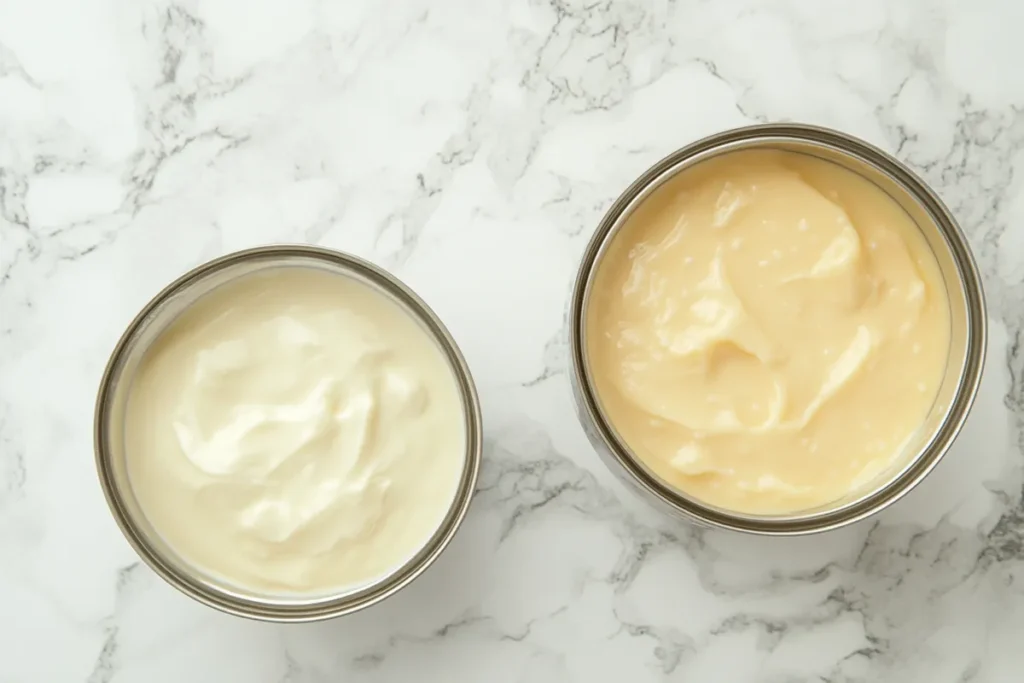 Cans of evaporated and condensed milk with pudding in the background.