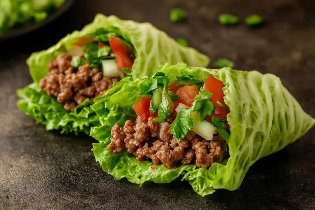 Close-up of a bunless burger using lettuce from a fast-food chain.