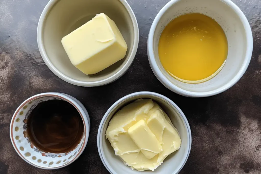 Different types of fats: butter, shortening, and oil in separate bowls, showing their impact on cookie texture, secret ingredient.