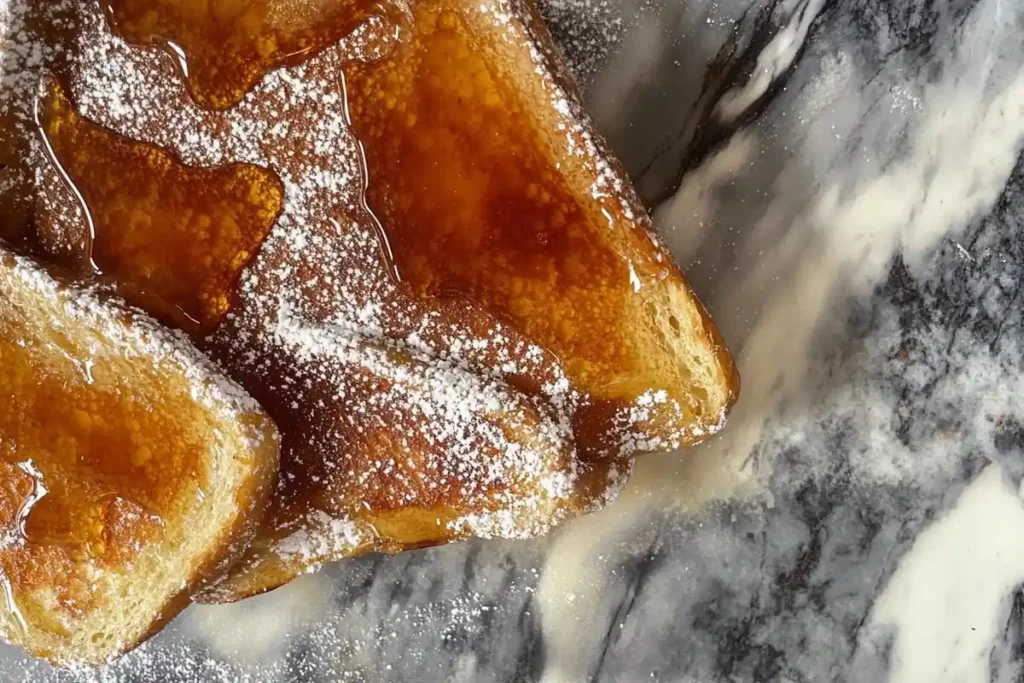 Cooked sourdough french toast with a drizzle of syrup on a marble surface.